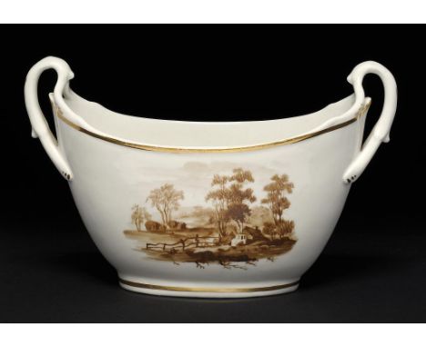 A PINXTON SUCRIER, 1796-1813 painted with landscapes, 12cm h ++Star crack to one side, no restoration