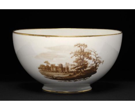 A PINXTON SLOP BASIN, 1796-1813 painted to one side with a castellated house and, to the other a river bridge, 16.5cm diam ++