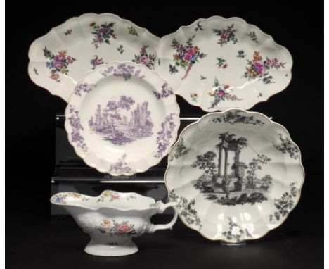 A WORCESTER BLACK OVERGLAZED PRINTED AND FLUTED DEEP DISH WITH EUROPEAN RUINS, A WORCESTER PURPLE OVERGLAZE PRINTED PLATE, A 