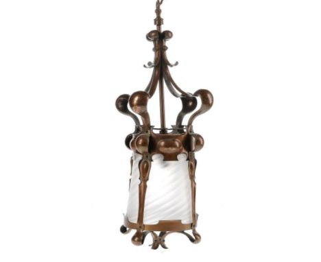 AN ARTS & CRAFTS COPPER HALL LANTERN, C1905 with the original copper ceiling rose and frosted glass shade, lantern 65cm h ++I