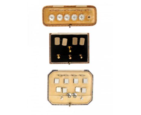 A PAIR OF TWO COLOUR GOLD CUFF LINKS, C1930 marked 9CT and 18CT, a set of five gold and mother of pearl buttons, each with a 