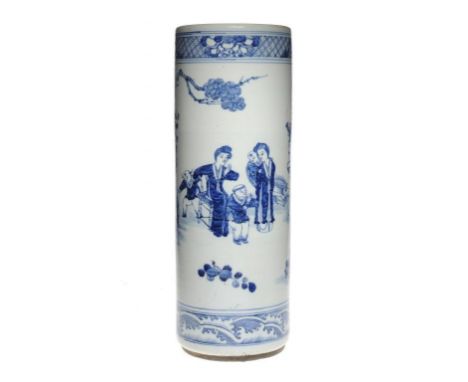 A CHINESE BLUE AND WHITE CYLINDRICAL STICK STAND, LATE 19TH C the base unglazed, 62cm h ++Fine condition