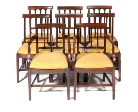 EIGHT MAHOGANY DINING CHAIRS, C1820-30 with three palmette carved stick splats, 88 and 89cm h ++Some restoration; repolished;