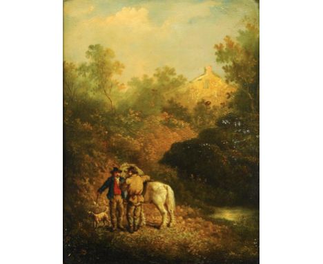 FOLLOWER OF JULIUS CAESAR IBBETSON TWO MEN CONVERSING ON A WOODLAND PATH oil on zinc, 30.5 x 23cm ++Some light paint shrinkag