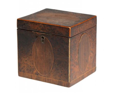 A GEORGE III BURR YEW WOOD, ROSEWOOD AND MAHOGANY TEA CADDY, C1780 the interior with the original mahogany cover with turned 