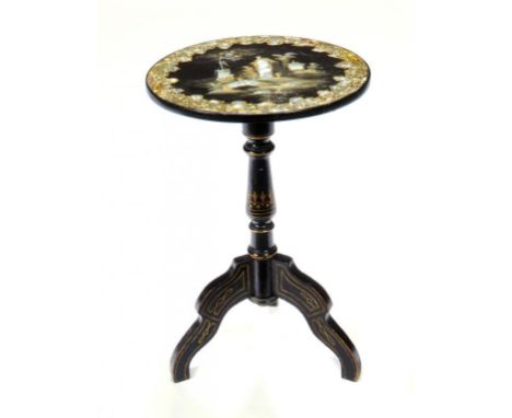 A VICTORIAN PAPIER MÂCHÉ TRIPOD TABLE, C1860 with mother of pearl and painted decoration, 60cm h, 40cm diam ++Typical but rel