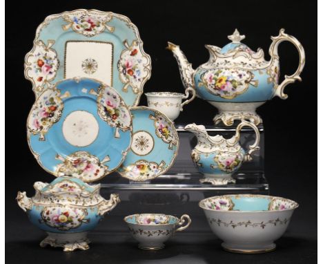 A COALPORT CERULEAN GROUND PART TEA SERVICE, C1831 painted with pattern 2/717 by J Aston, teapot, cover and stand 21cm h, WT 