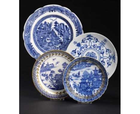 A COALPORT BLUE AND WHITE PLATE AND THREE SAUCERS, PROBABLY MADE AS REPLACEMENTS, JOHN ROSE & CO, C1800-20 with various print