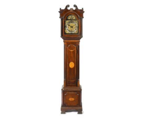 A GEORGE V MAHOGANY AND INLAID DWARF EIGHT DAY LONGCASE CLOCK, C1913 the chiming movement with five gongs, the door to the tr