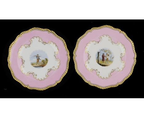 A PAIR OF FLIGHT, BARR & BARR PINK GROUND PLATES, C1830 22cm diam, impressed and printed marks A butterfly handled cup painte