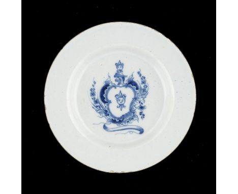 A RARE ENGLISH DELFTWARE ARMORIAL PLATE, C1750-60 23cm diam The arms and crest are those of Morley. ++In very good condition 