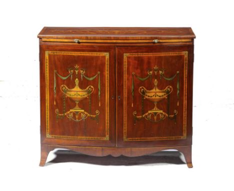 A VICTORIAN MAHOGANY, ROSEWOOD, INLAID AND PAINTED COMMODE, C1890 bow fronted with brushing slide, 89cm h; 51 x 102cm ++In ve