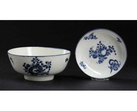A CAUGHLEY BLUE AND WHITE SLOP BASIN AND SAUCER, C1779-88 printed with the Sliced Apple or Apple and Damson patterns, basin 1