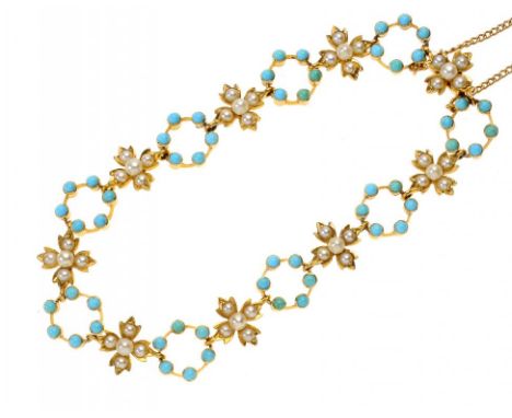 A TURQUOISE, SPLIT PEARL AND GOLD BRACELET, EARLY 20TH C of circlet and star design ++Attractive and of fine quality and in f