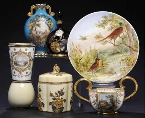 A GROUP OF COALPORT ORNAMENTAL WARE INCLUDING A TURQUOISE GROUND VASE PAINTED WITH LANDSCAPES AND A BLACK GROUND WATER LILY M