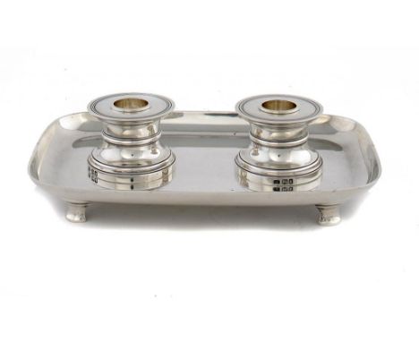 A GEORGE V SILVER INKSTAND in George I style, 27.5cm w, by Garrard Co Ltd, London 1916, 40ozs 10dwts ++Complete and fully mar