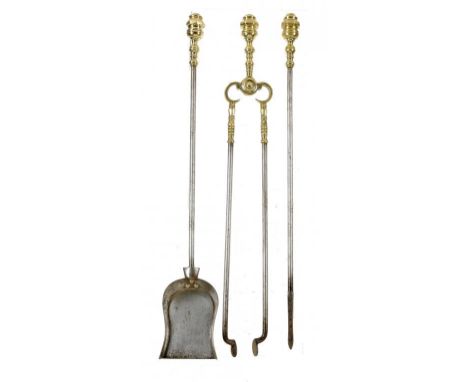 A SET OF THREE VICTORIAN BRASS AND BURNISHED STEEL FIRE IRONS, MID 19TH C 79cm l ++Some light cleaned surface rust