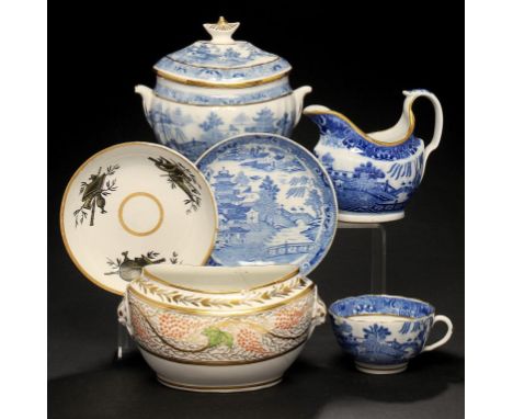 SEVEN COALPORT BLUE AND WHITE AND OTHER TEA WARES, C1800-14 including an example of the Royal Flute Pagoda and pattern 672, c