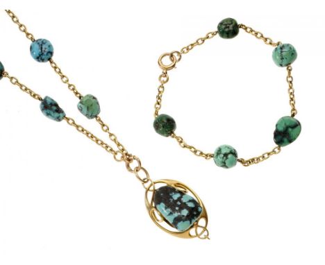 A MURRLE, BENNETT & CO TURQUOISE MATRIX AND GOLD PENDANT - NECKLACE AND BRACELET, C1905 maker's mark to pendant, also marked 