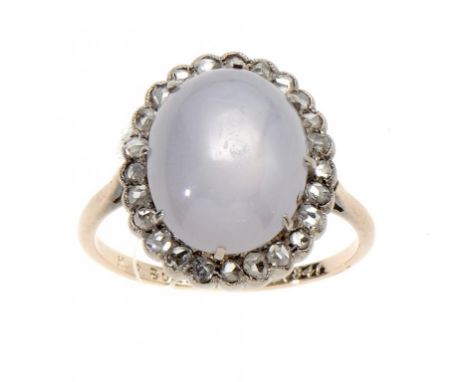 A MOONSTONE AND DIAMOND CLUSTER RING, C1900 gold hoop engraved H P Bull 1856-1941, size I ++Principal stones slightly loose, 