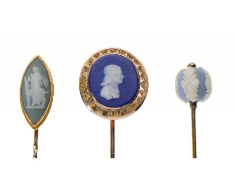 TWO GOLD STICK PINS SET WITH WEDGWOOD CAMEOS, LATE 19TH C one of John Wesley, and another stick pin with late 18th c Wedgwood