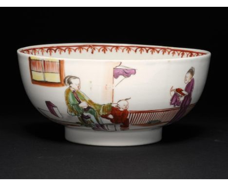 A LOWESTOFT POLYCHROME SLOP BASIN, C1780 painted with a Chinese scene, 15.5cm diam ++The interior with some typical but light