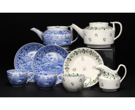 TWO SPODE MINIATURE PEARLWARE PART TEA SERVICES, C1815 one enamelled with French sprigs, the other printed in blue with the M