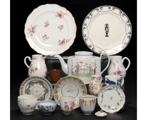 A GROUP OF 18TH CENTURY ENGLISH AND CONTINENTAL PORCELAIN INCLUDING A CHAMPION'S BRISTOL SAUCER, LOWESTOFT POLYCHROME SPARROW
