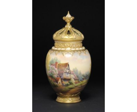 A ROYAL WORCESTER ROSE JAR AND COVER, 1929 printed and painted by R Rushton, signed, with a cottage at Cropthorne, inner cove