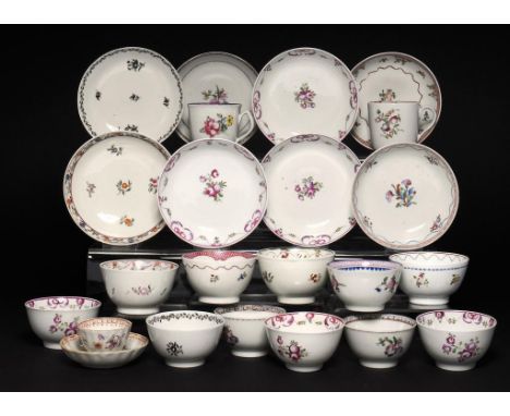 A GROUP OF NEW HALL AND CONTEMPORARY ENGLISH PORCELAIN TEA BOWLS, SAUCERS AND COFFEE CUPS AND A CHINESE FAMILLE ROSE MINIATUR