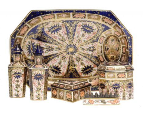 A ROYAL CROWN DERBY IMARI PATTERN DRESSING TABLE SET, 1891 tray 31cm w, printed mark (10) ++Neck of one of the two bottles re