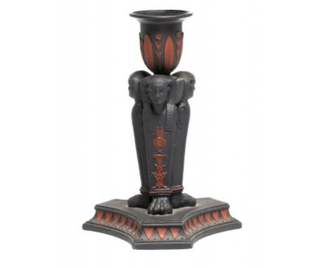 A WEDGWOOD BLACK BASALT EGYPTIAN CANDLESTICK, LATE 19TH C ornamented in Rosso Antico, 1.5cm h, impressed WEDGWOOD and RTS ++L