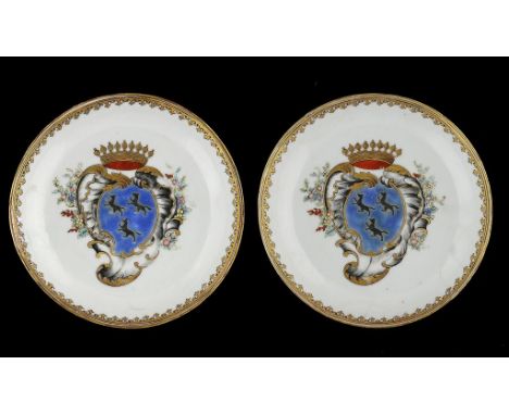 A PAIR OF CHINESE EXPORT PORCELAIN ARMORIAL SAUCERS, C1750 with gilt spearhead border, 13.5cm diam ++Both with small filled c