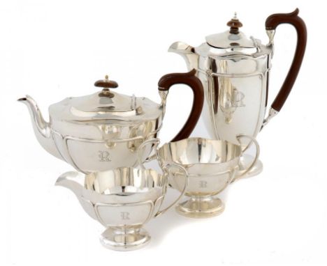 A GEORGE V SILVER FOUR PIECE TEA SERVICE lidded jug 24cm h, by Adie Bros Ltd, Birmingham 1929, 63ozs 10dwts gross ++Engraved 
