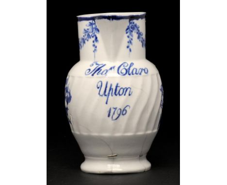 A DOCUMENTARY COALPORT BLUE AND WHITE JUG, JOHN ROSE & CO, 1796 painted with flower sprays and swags and inscribed Thos Claro