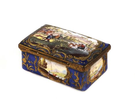 A GEORGE III SOUTH STAFFORDSHIRE ENAMEL BOX, C1780 the lid and all four sides painted with hunting or other scenes, giltmetal