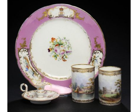 A PAIR OF COALPORT SPILL VASES, A TAPERSTICK AND CRESTED DESSERT PLATE, ALL MADE FOR GEORGE SPARKS OF WORCESTER, 1841-54 the 