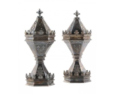 A PAIR OF VICTORIAN SILVER SALT CASTERS COMMISSIONED BY THE SALTERS' COMPANY IN COMMEMORATION OF THE DIAMOND JUBILEE OF QUEEN