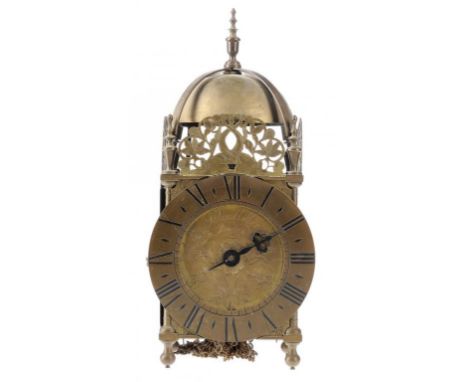 A VICTORIAN BRASS LANTERN CLOCK, 19TH C the engraved dial inscribed Peter Miller London, having posted movement and two spike