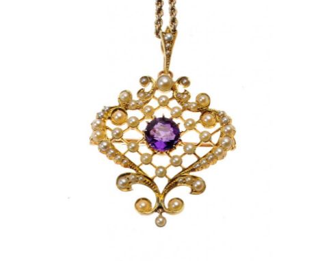 AN AMETHYST, SPLIT PEARL AND GOLD TRELLIS BROOCH-PENDANT, C1910 marked 15ct and a gold rope necket (2) ++Fine condition, comp