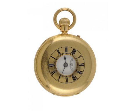 AN ENGLISH 18CT GOLD KEYLESS LEVER HALF HUNTING CASED WATCH, MONTAGUE J PICKETT 265 OXFORD STRT LONDON NO 6291 with three qua