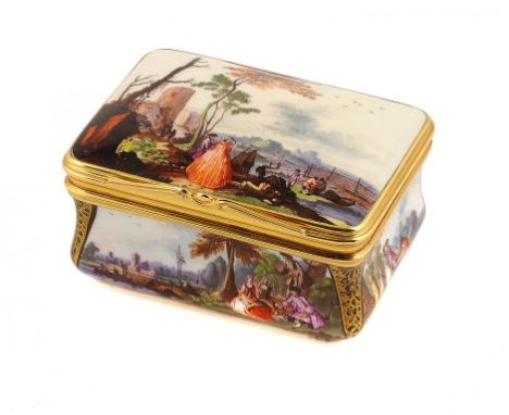 A MEISSEN GOLD MOUNTED SNUFF BOX, C1750 the lid, sides, base and underside of the lid painted with elegant company and rustic