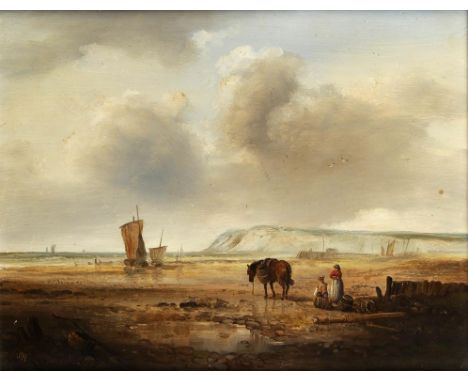 ENGLISH SCHOOL, 19TH CENTURY LOW TIDE signed with monogram MJ, oil on board, 29.5 x 37.5cm, unframed ++Requiring a light surf