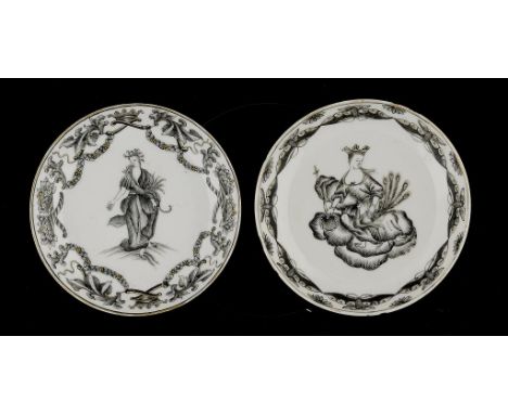 TWO CHINESE 'JESUIT WARE' SAUCERS, C1750 painted with the Virgin in crown and swag border or Juno on a cloud in fruit border,