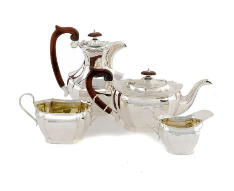 A GEORGE V SILVER FOUR PIECE TEA SERVICE lidded jug 24cm h, by Viners Ltd, Sheffield 1931, 57ozs gross ++Good condition with 
