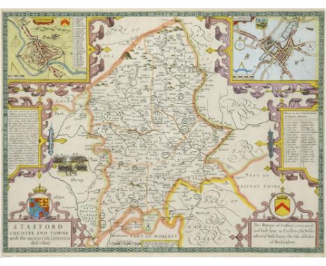 JOHN SPEED STAFFORDSHIRE double page engraved map from the 1627 edition of Speed's Theatre..., hand coloured, trimmed to plat