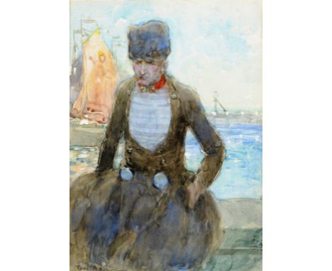 TOM BROWNE, RBA, RI, RMS (1872-1910) A FISHERMAN OF VOLENDAM HOLLAND signed, watercolour, 36 x 25.5cm ++Some light sporadic f