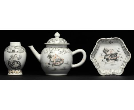 A CHINESE TEAPOT, COVER AND STAND AND TEA CADDY, C1750 decorated en grisaille and red with a couple or Jupiter, teapot and co