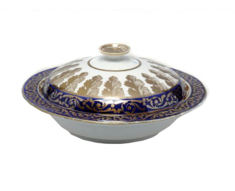 A COALPORT BLUE AND GILT MUFFIN DISH AND DOMED COVER, 1800-14 19.5cm w ++Dish with tiny rim chips and light wear No Reserve