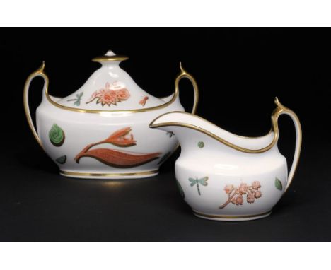 A SPODE CREAM JUG AND SUCRIER AND COVER, C1810 with Pluck and Dust Red Plants and Insects prints, some overpainted in green e